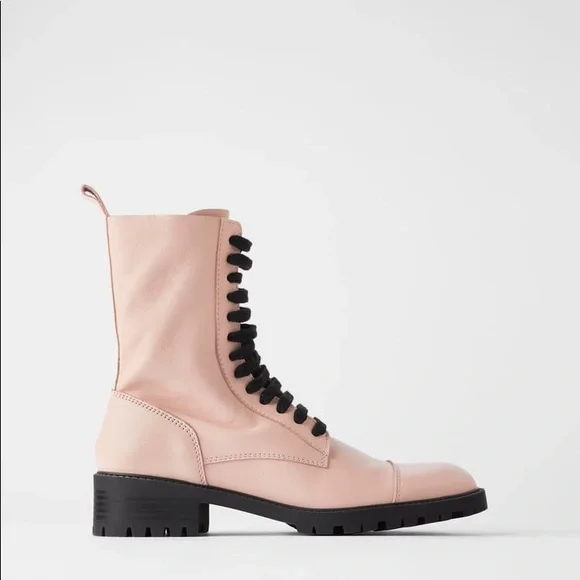 ZARA BLOGGERS FAV 100% LEATHER LACE UP PINK ANKLE BOOTS BRAND NEW WITH TAGS - Picture 2 of 11